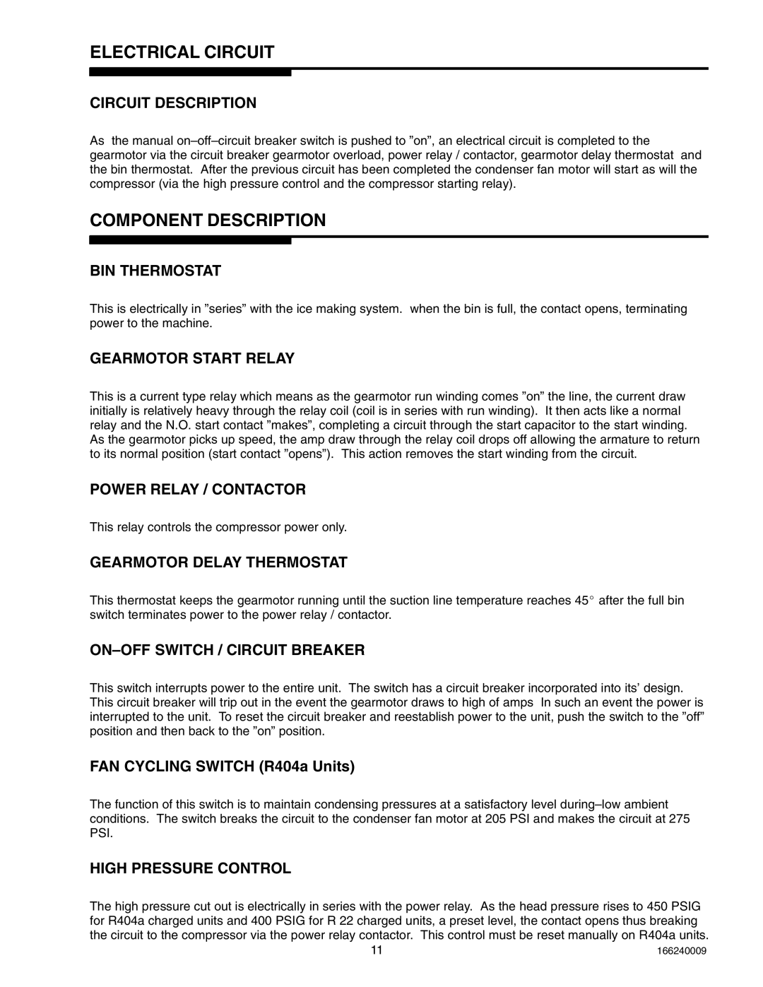 Cornelius 2400 (R404A), 750 (R404A), SERIES 1100 (R22) service manual Electrical Circuit, Component Description 