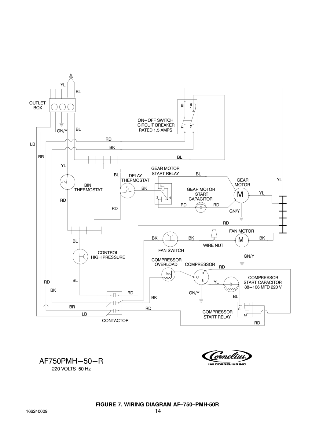 Cornelius 2400 (R404A), 750 (R404A), SERIES 1100 (R22) service manual AF750PMH-50-R, Volts 50 Hz 