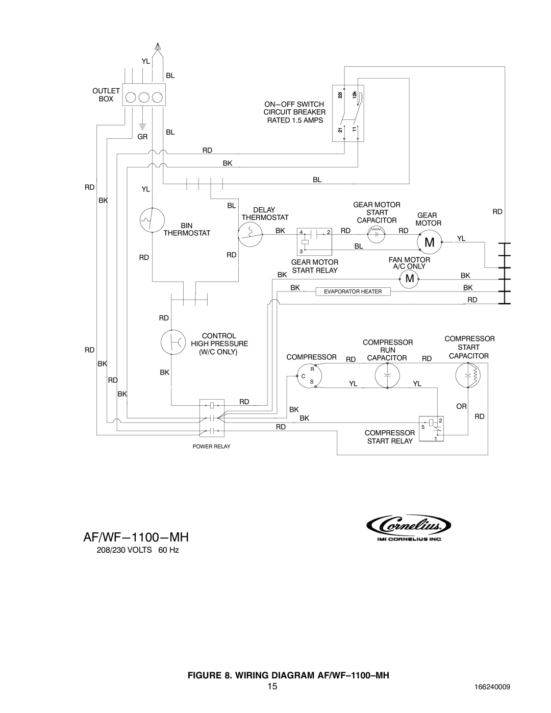 Cornelius 750 (R404A), SERIES 1100 (R22), 2400 (R404A) service manual AF/WF-1100-MH, 208/230 Volts 60 Hz 