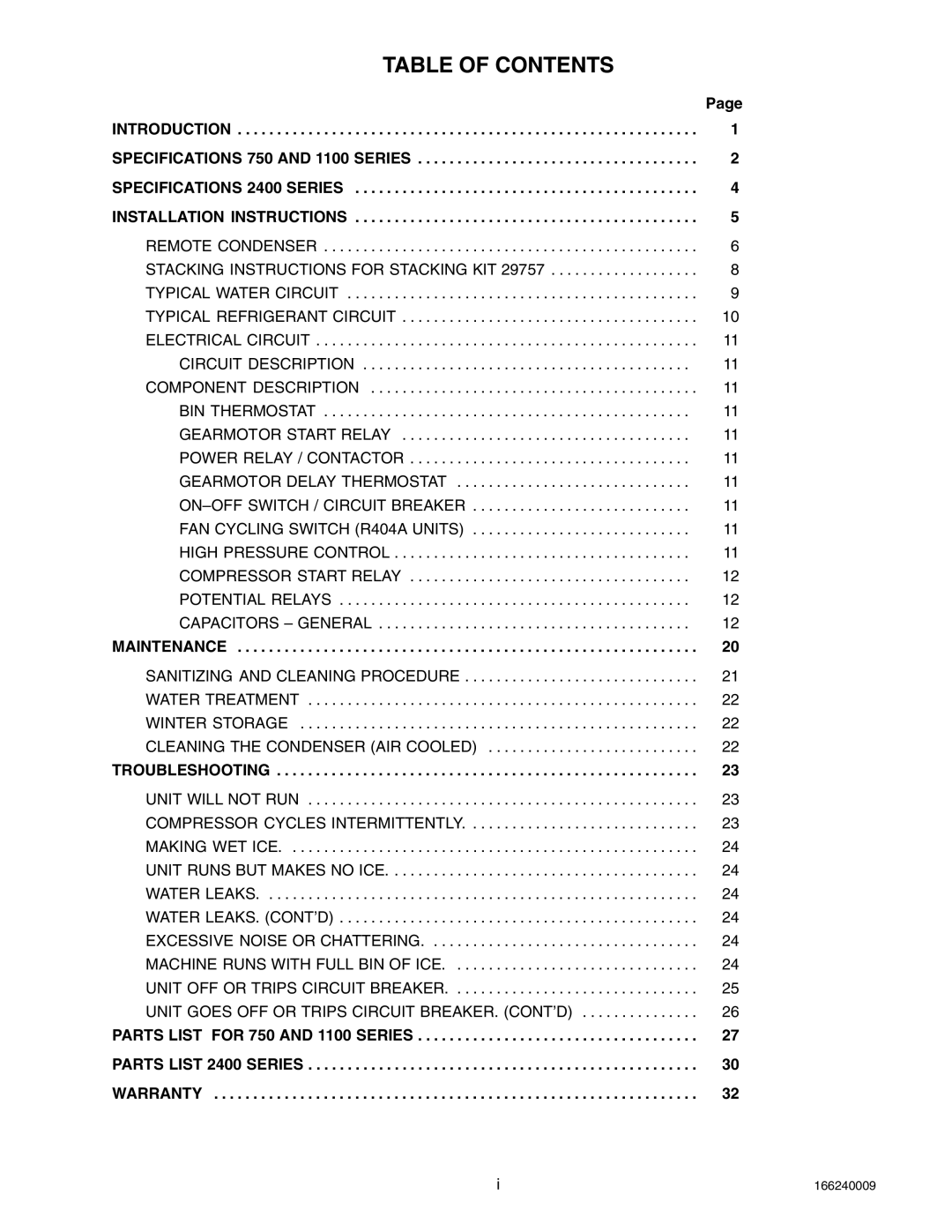 Cornelius 2400 (R404A), 750 (R404A), SERIES 1100 (R22) service manual Table of Contents 