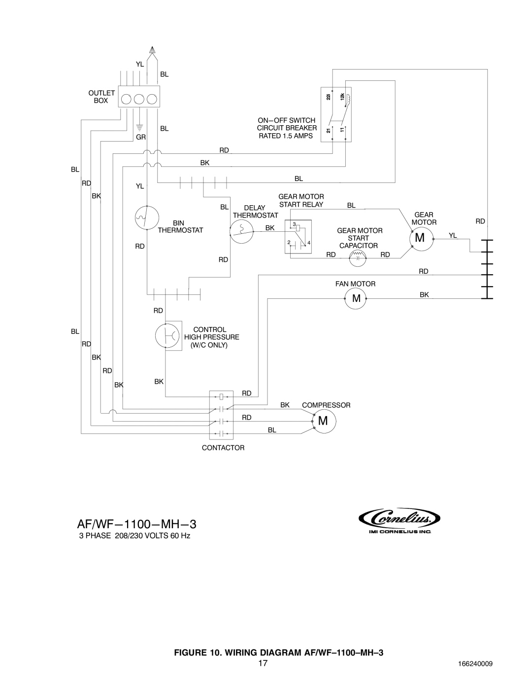 Cornelius 2400 (R404A), 750 (R404A), SERIES 1100 (R22) service manual AF/WF-1100-MH-3, Phase 208/230 Volts 60 Hz 