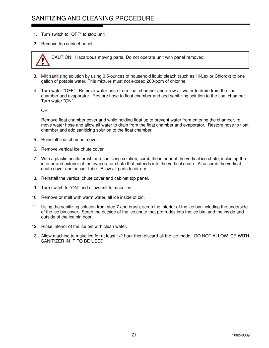 Cornelius 750 (R404A), SERIES 1100 (R22), 2400 (R404A) service manual Sanitizing and Cleaning Procedure 