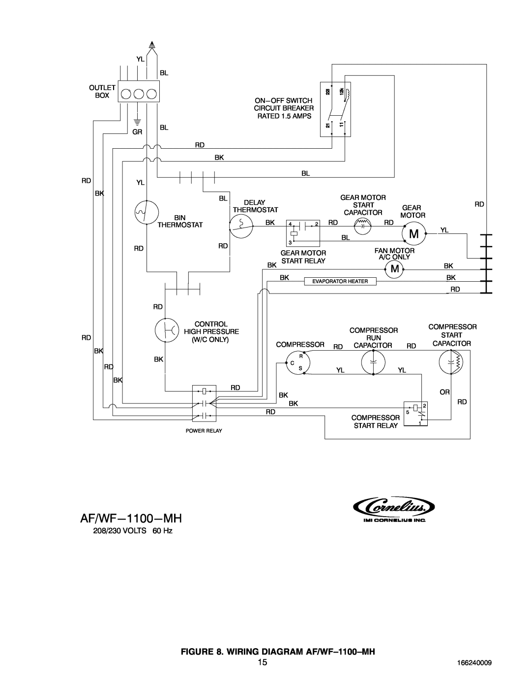 Cornelius 750 (R404A), SERIES 1100 (R22), 2400 (R404A) service manual WIRING DIAGRAM AF/WF-1100-MH, 208/230 VOLTS 60 Hz 