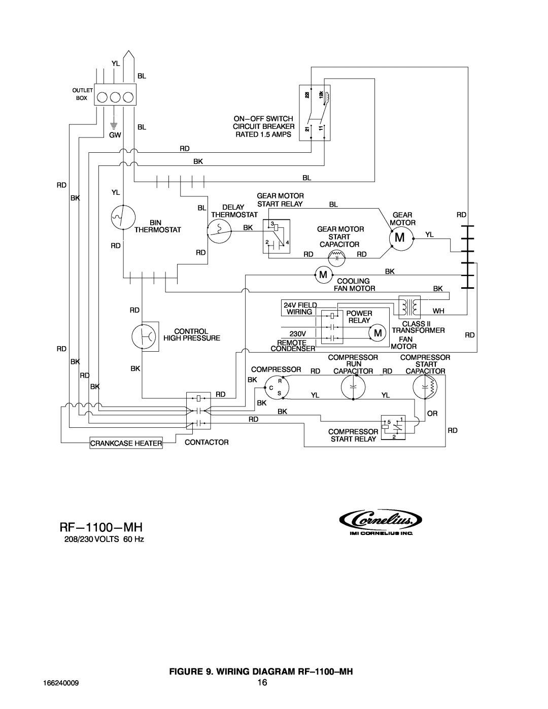 Cornelius SERIES 1100 (R22), 750 (R404A), 2400 (R404A) service manual WIRING DIAGRAM RF-1100-MH, 208/230 VOLTS 60 Hz 