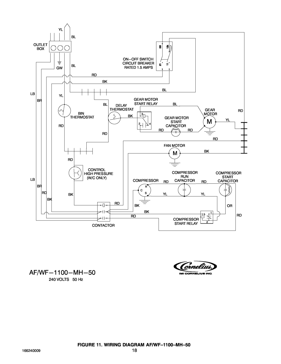Cornelius 750 (R404A), SERIES 1100 (R22), 2400 (R404A) service manual WIRING DIAGRAM AF/WF-1100-MH-50, VOLTS 50 Hz 