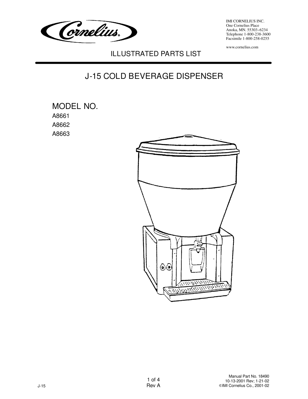 Cornelius manual Cold Beverage Dispenser Model no, A8661 A8662 A8663 