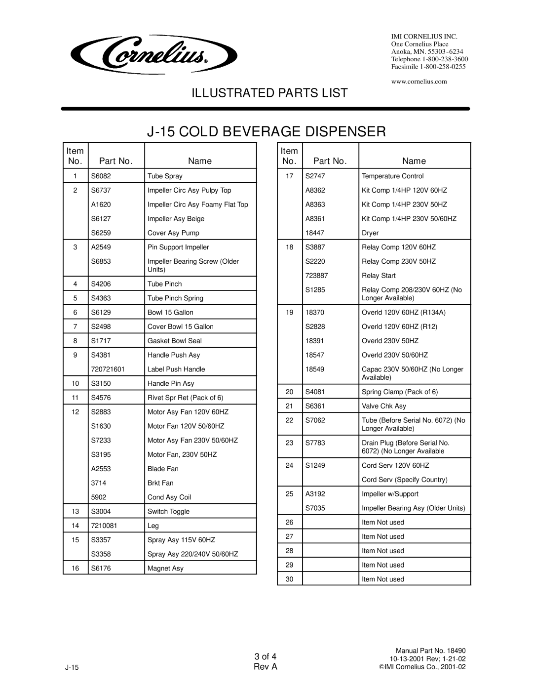 Cornelius A8663, A8662, A8661 manual Name 