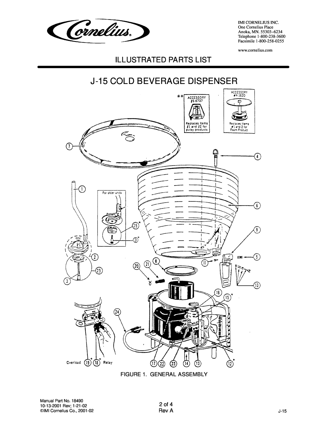 Cornelius A8661, A8663, A8662 manual J-15COLD BEVERAGE DISPENSER, General Assembly, 2 of, Illustrated Parts List, Rev A 