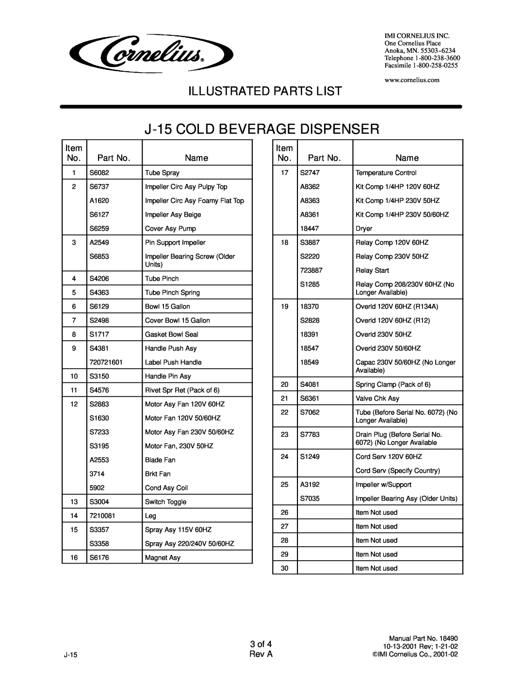 Cornelius A8663, A8662, A8661 manual Name, 3 of, J-15COLD BEVERAGE DISPENSER, Illustrated Parts List, Rev A 