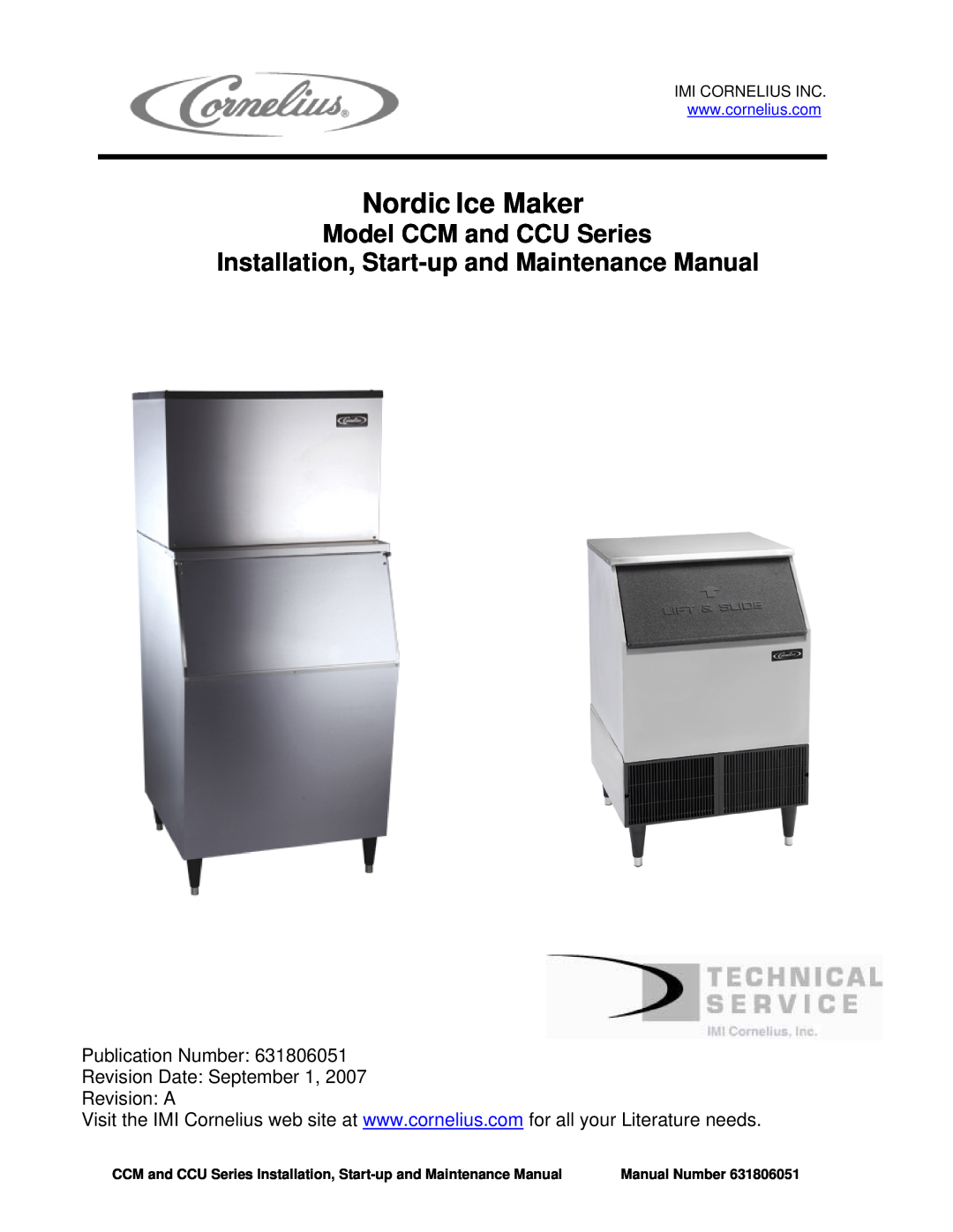 Cornelius CCM CCU manual Publication Number Revision Date September, Revision A, Nordic Ice Maker, Manual Number 