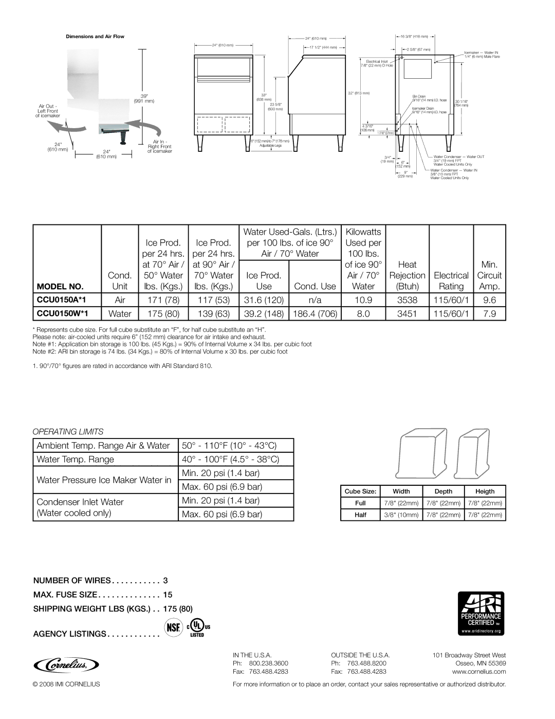 Cornelius CCU0150 manual Per 100 lbs. of ice Used per Per 24 hrs, Ice Heat, Air, Cond. Use, 31.6, 3538 115/60/1, 39.2 