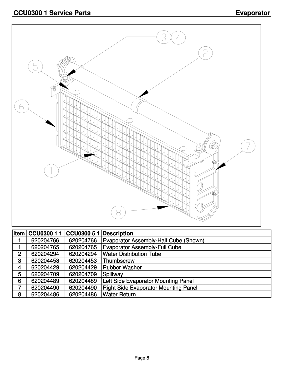 Cornelius manual Evaporator, CCU0300 1 Service Parts, Description 