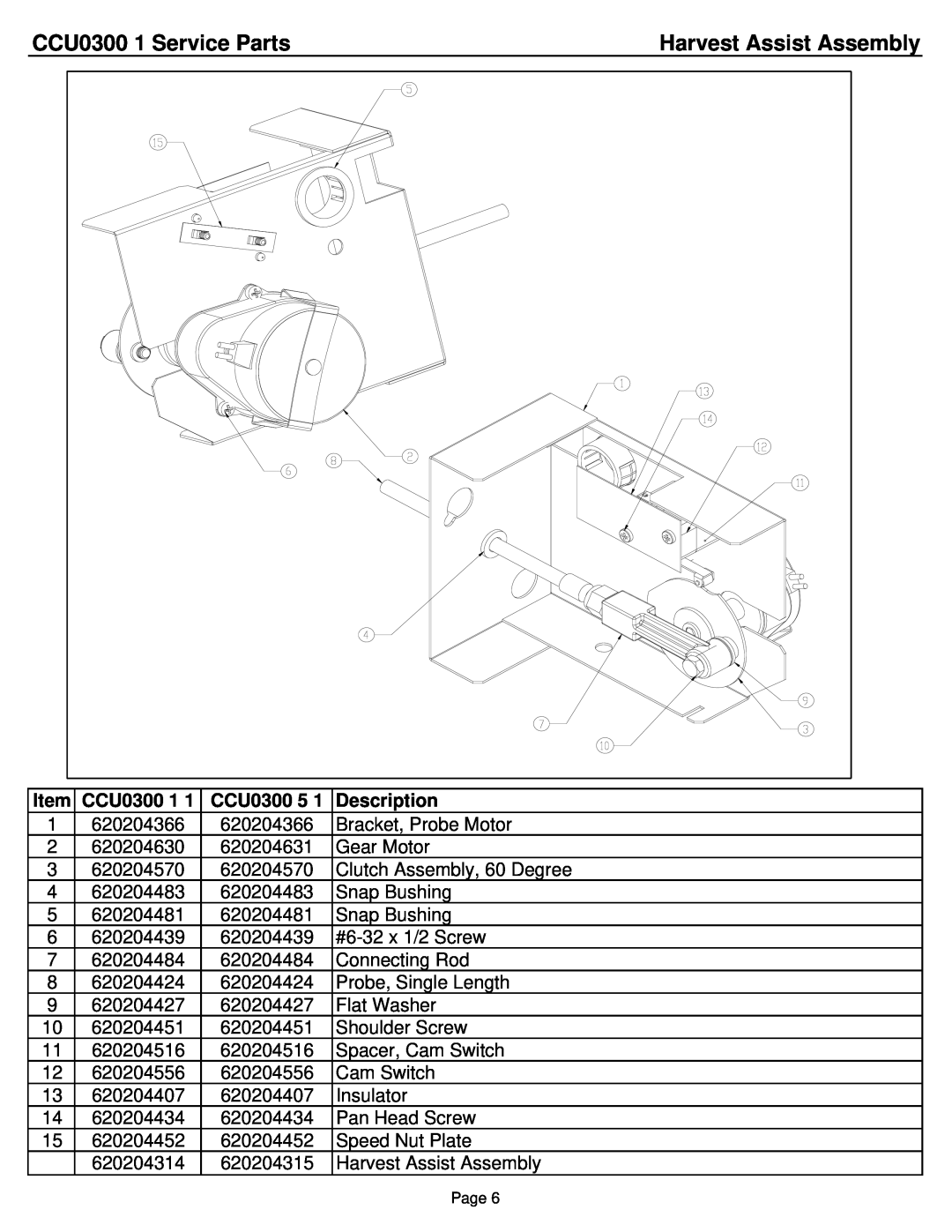 Cornelius manual Harvest Assist Assembly, CCU0300 1 Service Parts, Item, Description 