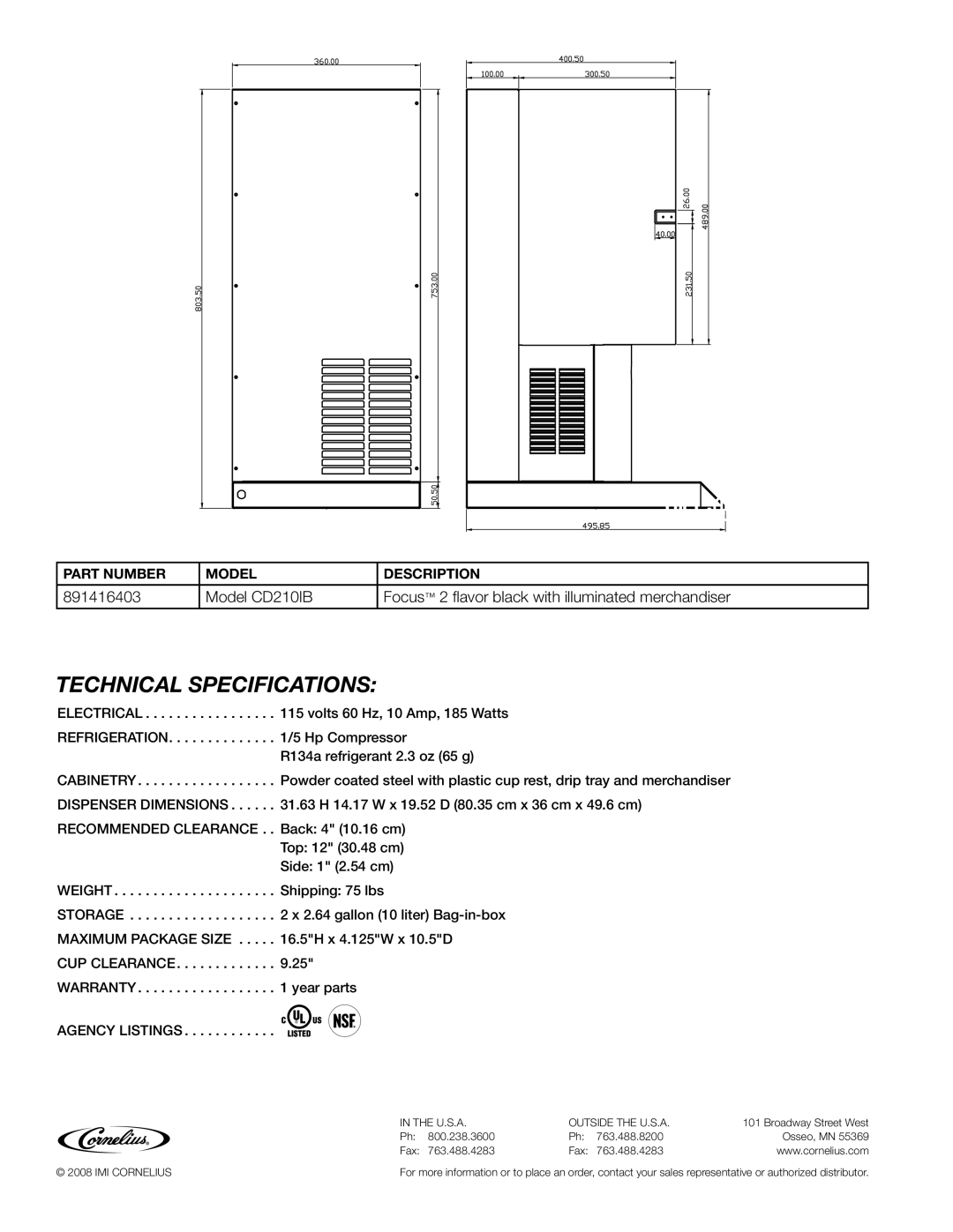 Cornelius CG5052-0308 manual Technical Specifications 