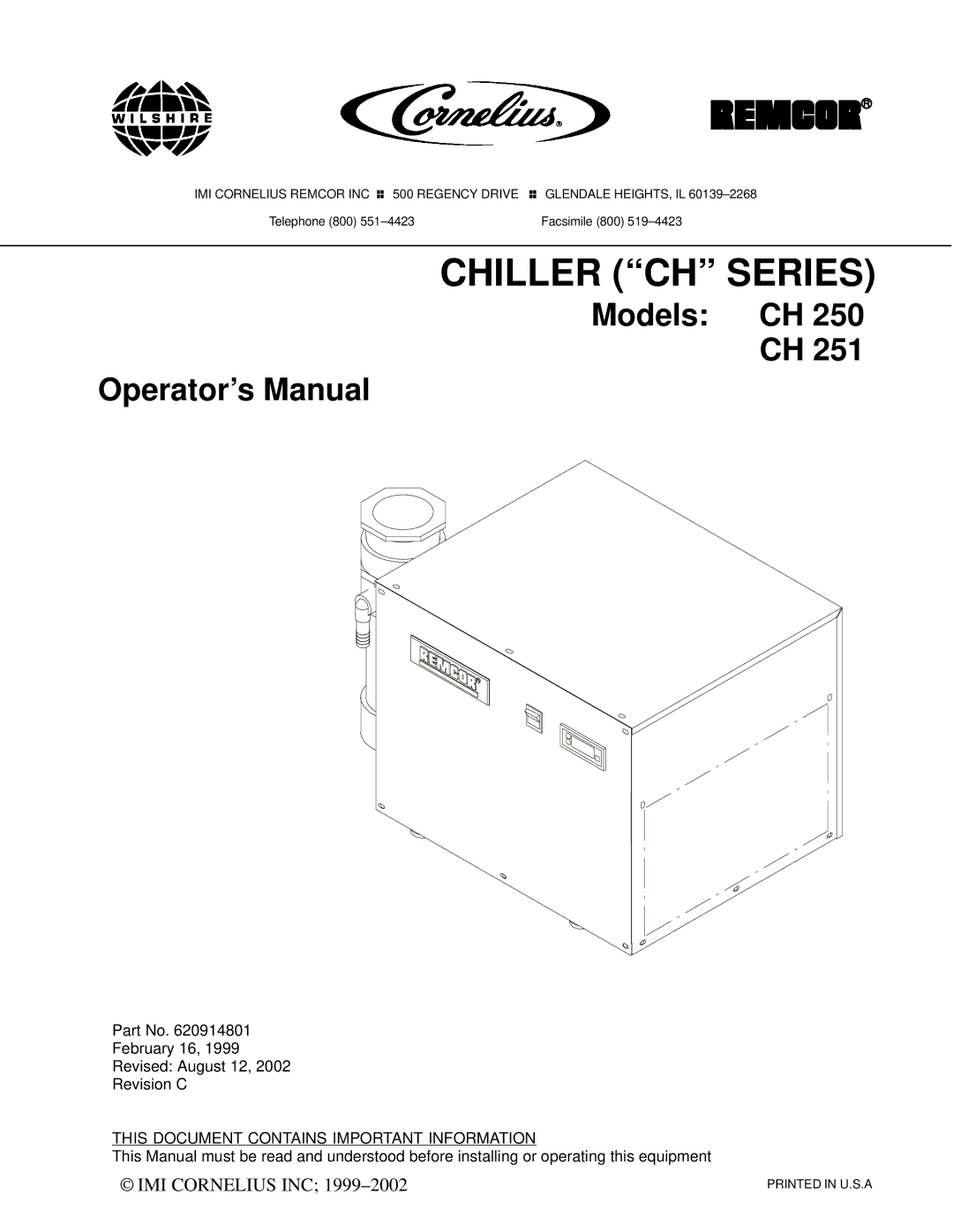 Cornelius CH 250, CH 251 manual Chiller CH Series 