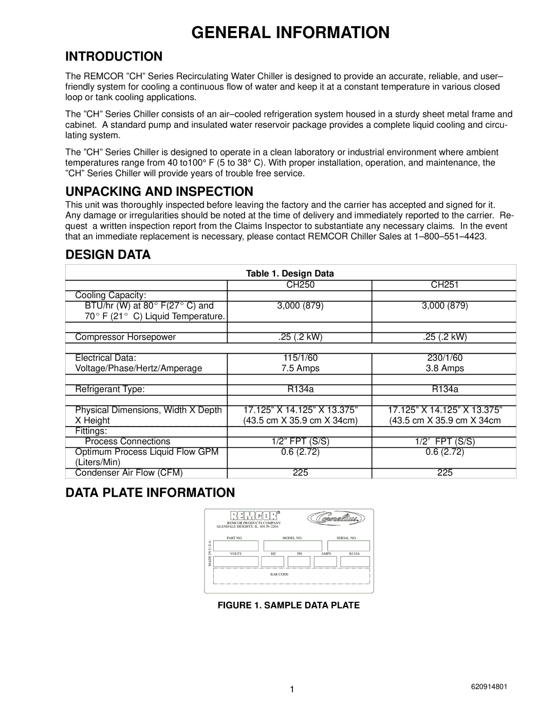 Cornelius CH 250, CH 251 manual Introduction, Unpacking and Inspection, Design Data, Data Plate Information 