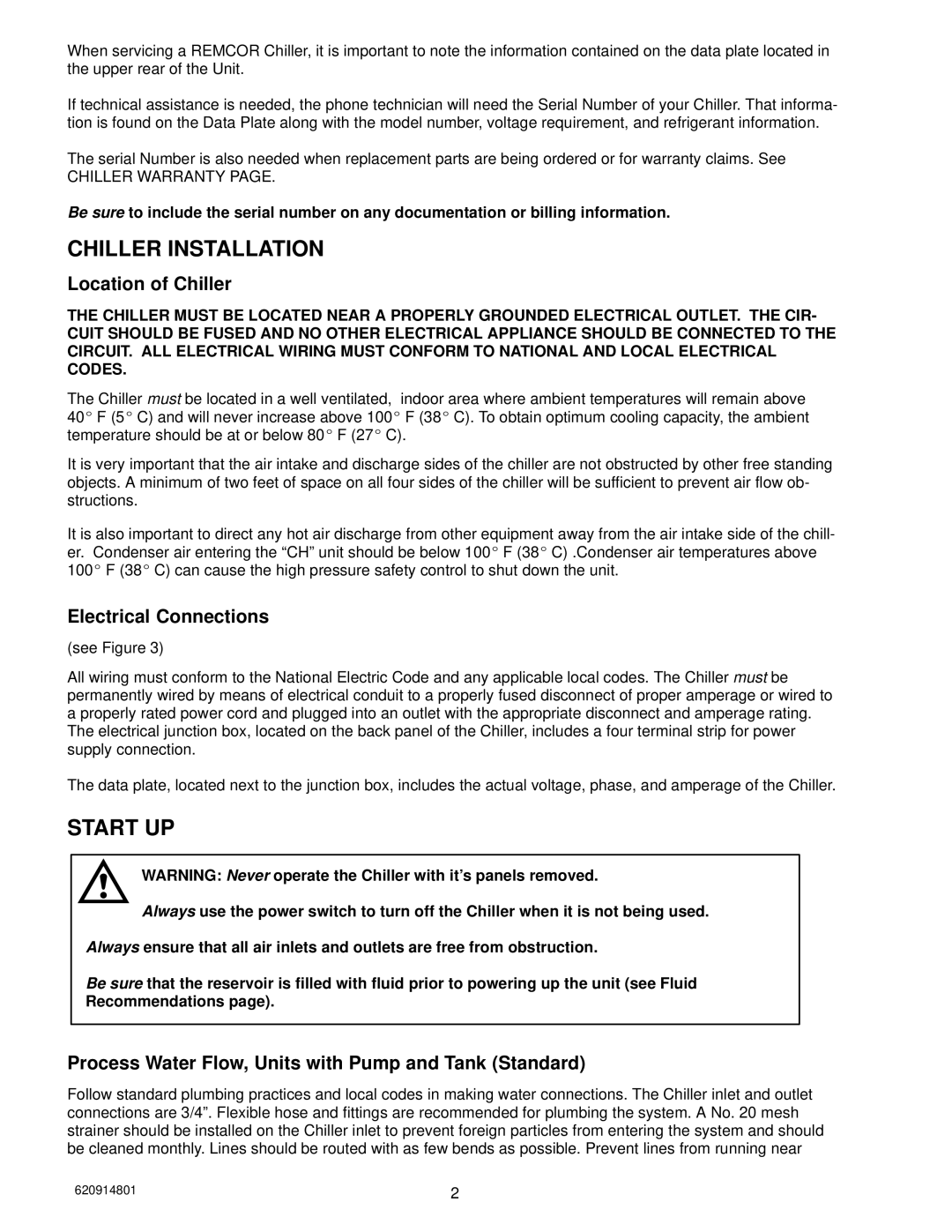 Cornelius CH 251, CH 250 manual Chiller Installation, Start UP, Location of Chiller, Electrical Connections 