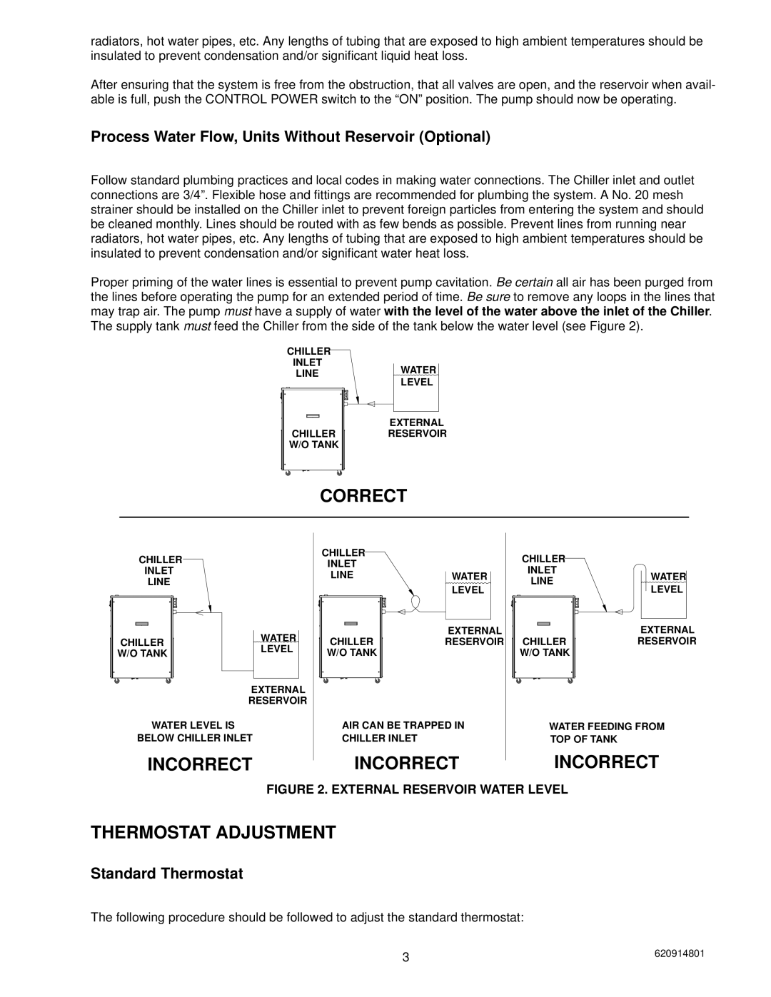 Cornelius CH 250, CH 251 Correct, Incorrect, Thermostat Adjustment, Process Water Flow, Units Without Reservoir Optional 