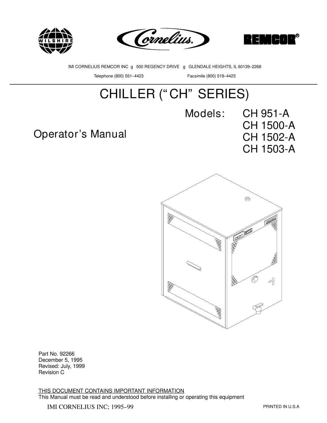 Cornelius CH 1503-A, CH 1502-A, CH 1500-A manual Chiller CH Series 