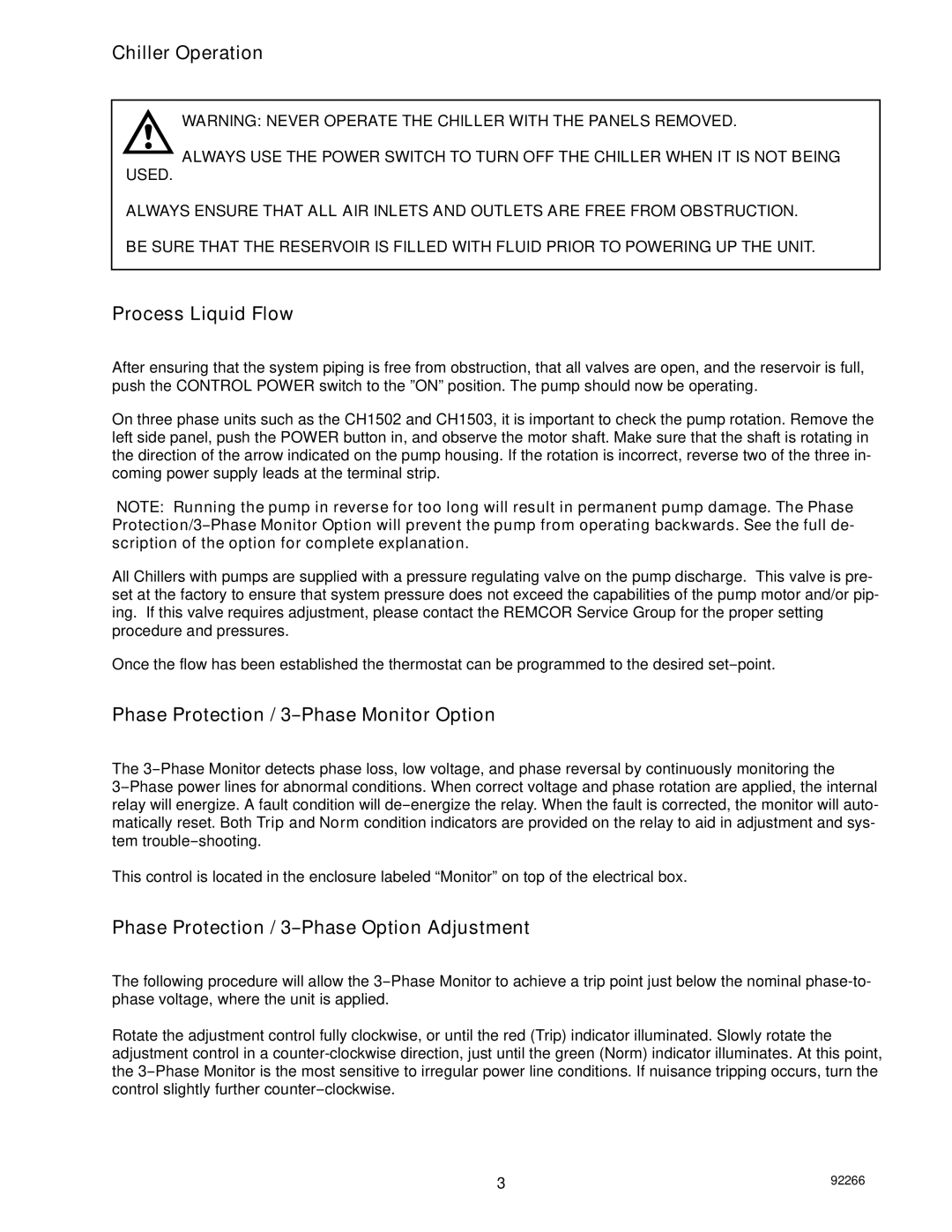 Cornelius CH 1503-A, CH Series manual Chiller Operation, Process Liquid Flow, Phase Protection / 3--Phase Monitor Option 