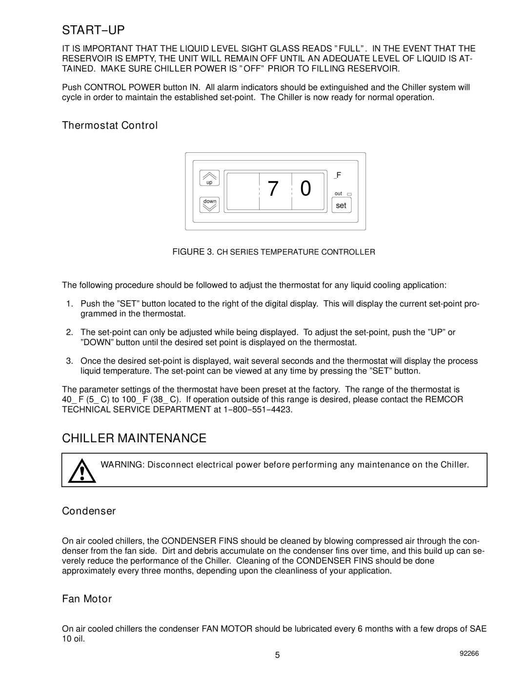 Cornelius CH 1500-A, CH Series, CH 1503-A manual Start--Up, Chiller Maintenance, Thermostat Control, Condenser, Fan Motor 