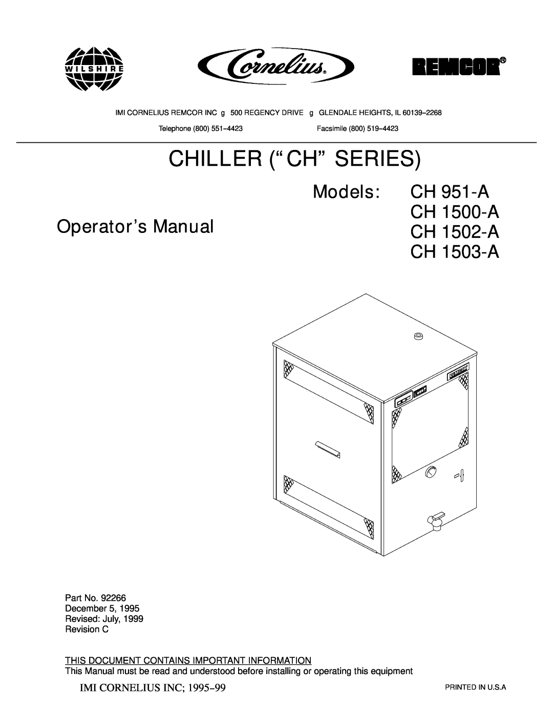 Cornelius CH Series manual Chiller “Ch” Series, Models CH 951-A CH 1500-A Operator’s ManualCH 1502-A CH 1503-A 