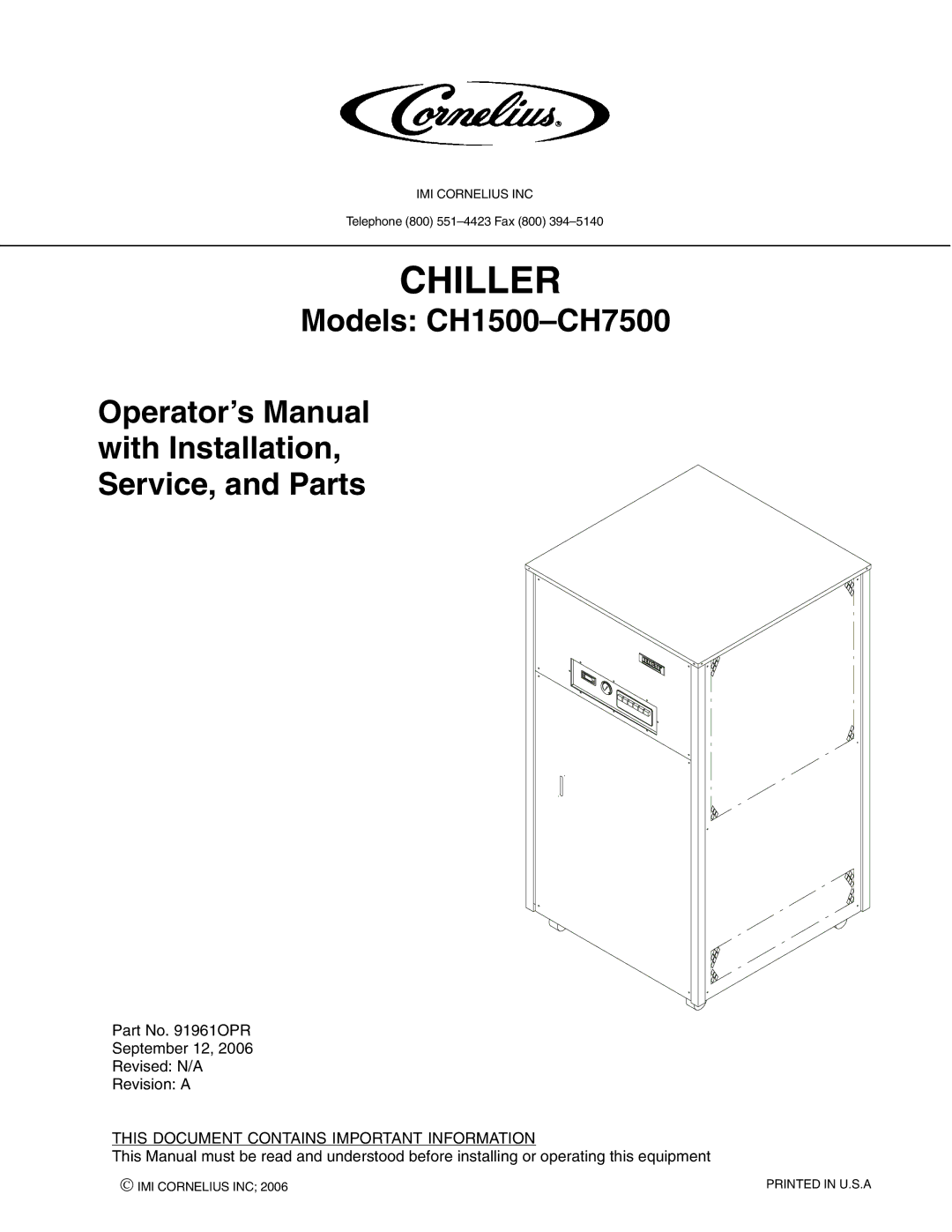 Cornelius CH1500-CH7500 manual Chiller 