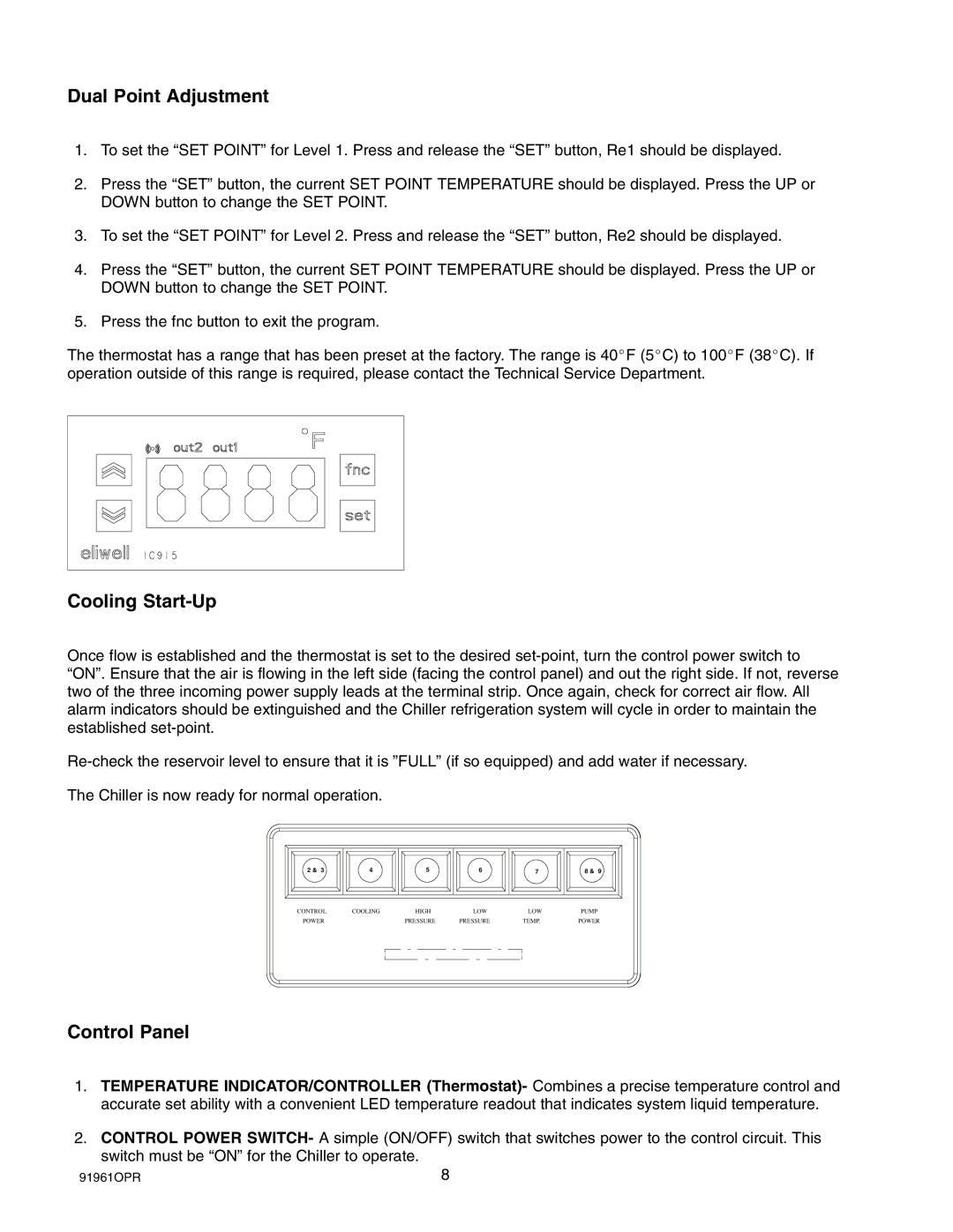 Cornelius CH1500-CH7500 manual Dual Point Adjustment, Cooling Start-Up, Control Panel 