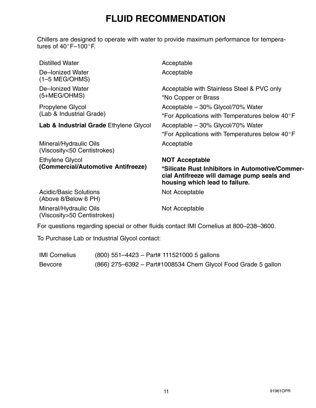 Cornelius CH1500-CH7500 Fluid Recommendation, Lab & Industrial Grade Ethylene Glycol, Commercial/Automotive Antifreeze 