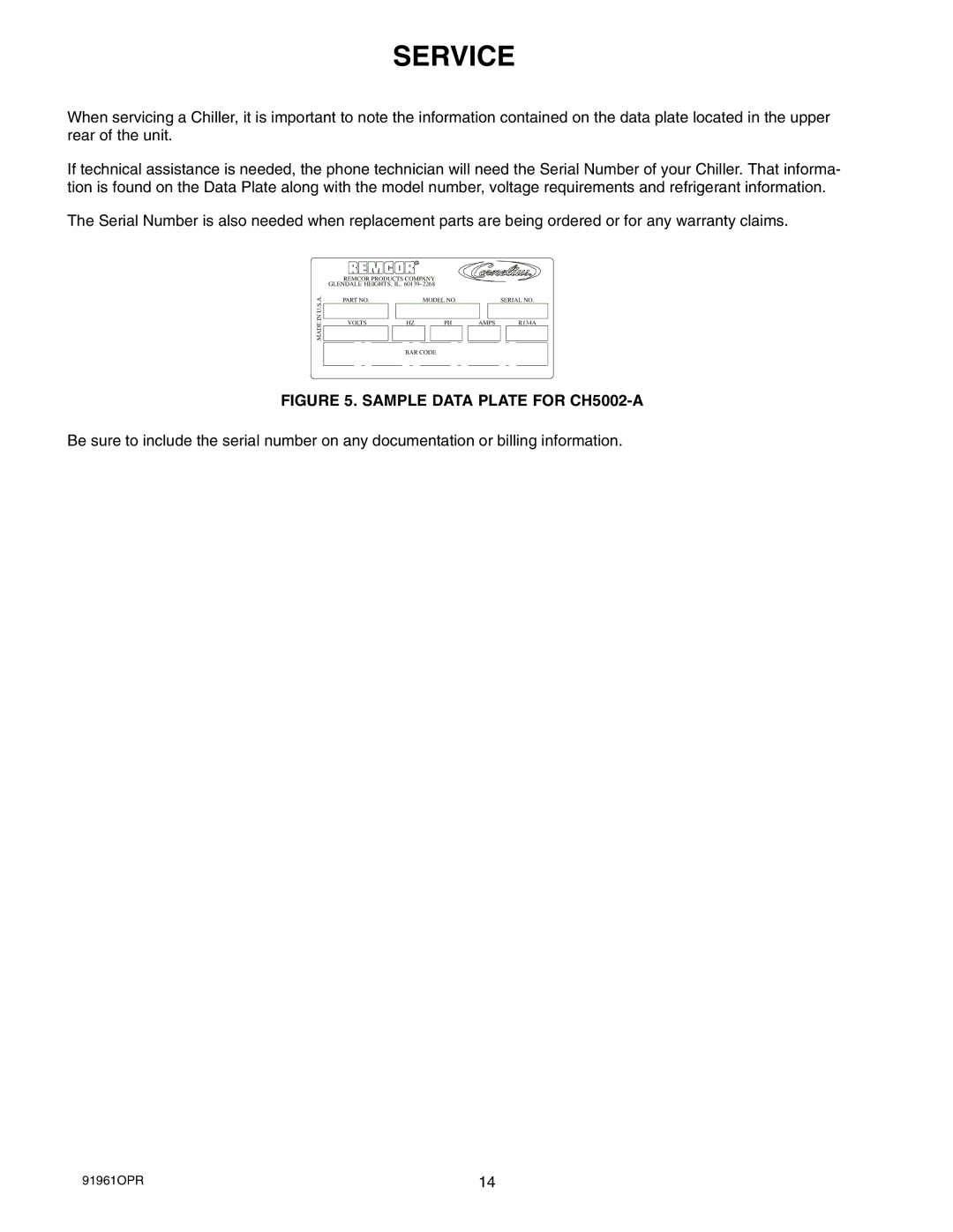 Cornelius CH1500-CH7500 manual Service, Sample Data Plate for CH5002-A 