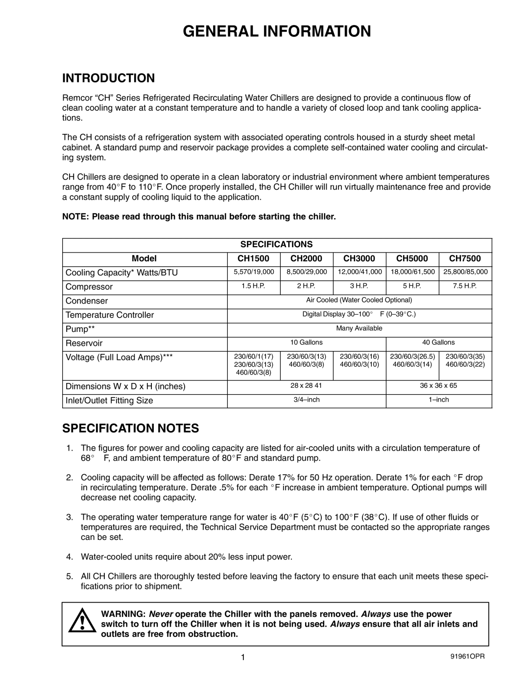 Cornelius CH1500-CH7500 manual General Information, Introduction, Specification Notes 