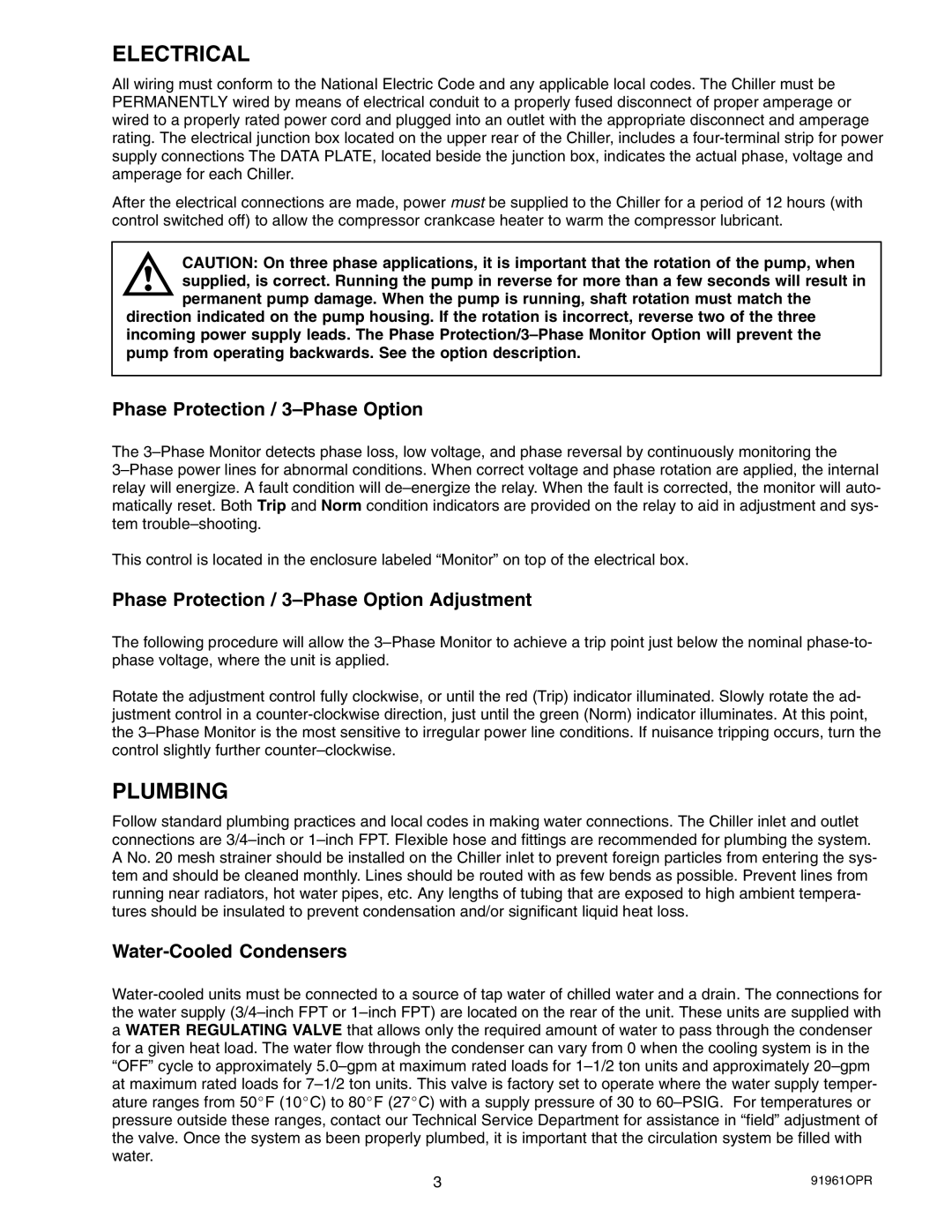 Cornelius CH1500-CH7500 manual Electrical, Plumbing, Phase Protection / 3-Phase Option, Water-Cooled Condensers 