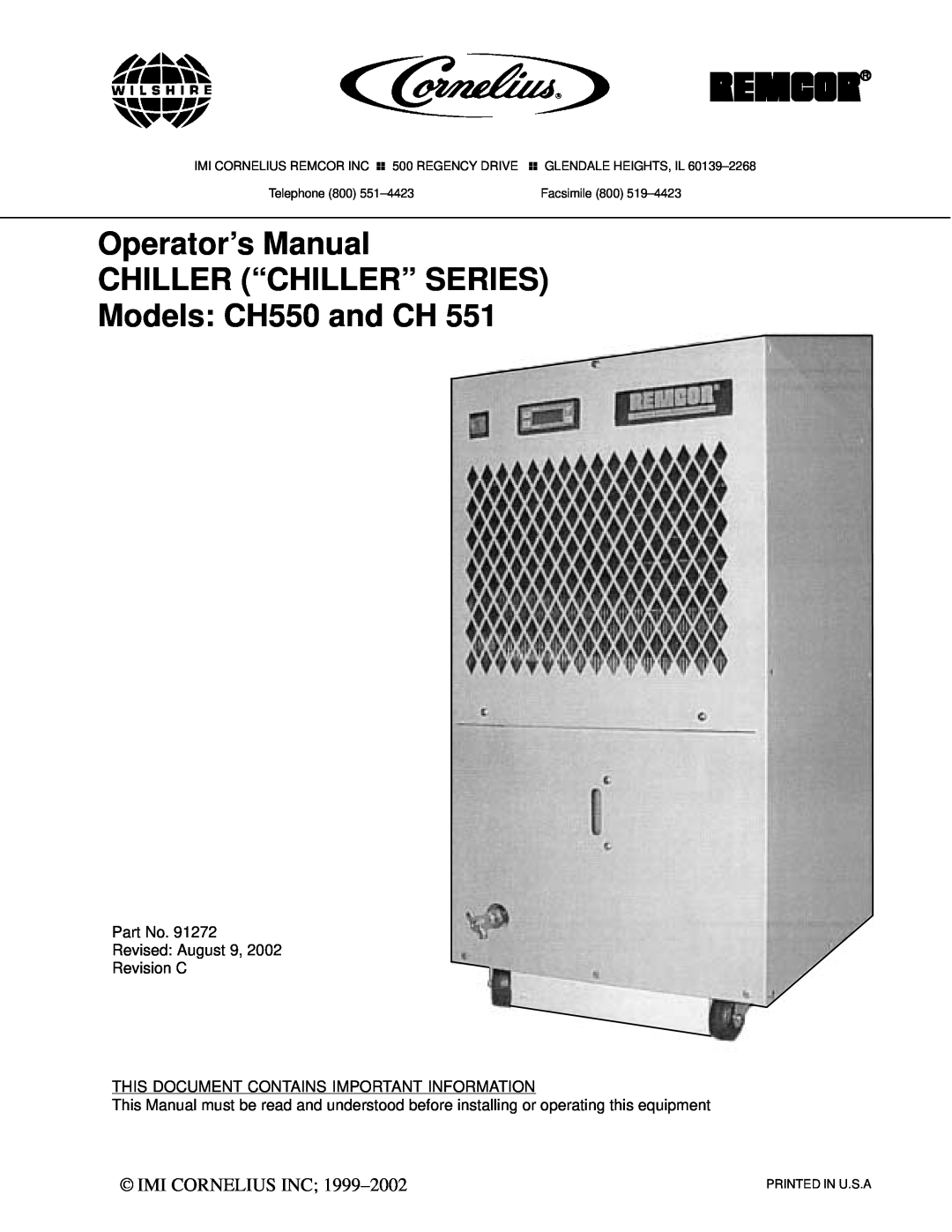 Cornelius CH 551 manual Imi Cornelius Inc, Operator’s Manual CHILLER “CHILLER” SERIES, Models CH550 and CH, Facsimile 