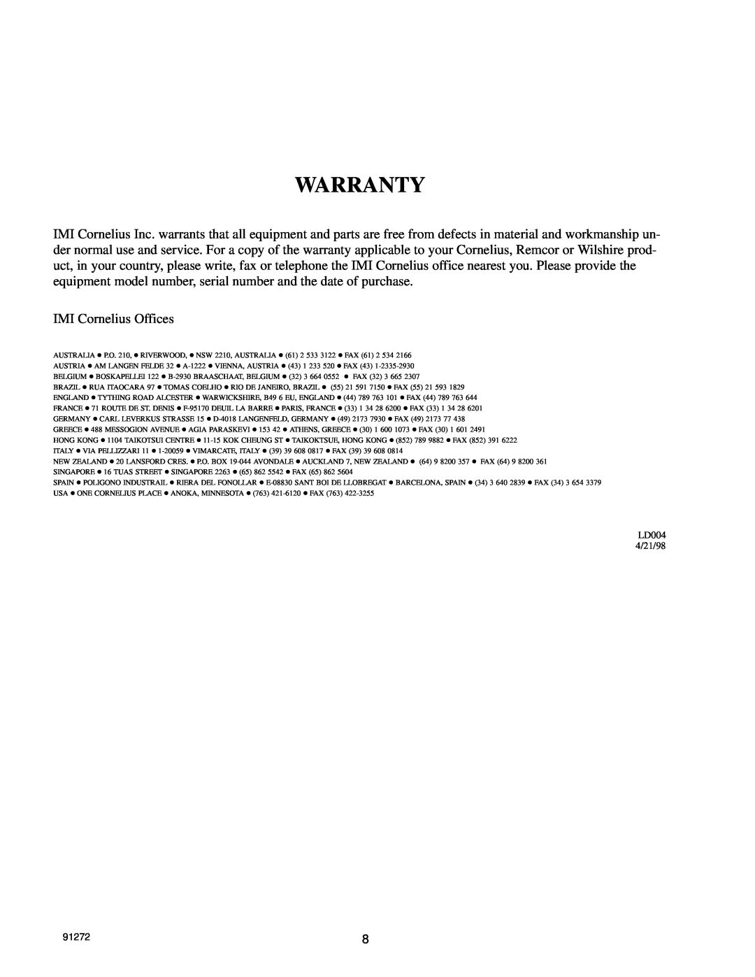 Cornelius CH 551, CH550 manual Warranty, IMI Cornelius Offices, LD004 4/21/98, 91272 