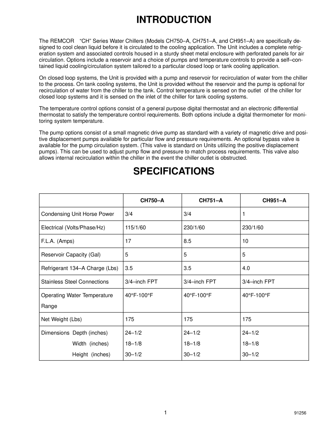 Cornelius CH750, CH751, CH951 manual Introduction, Specifications 