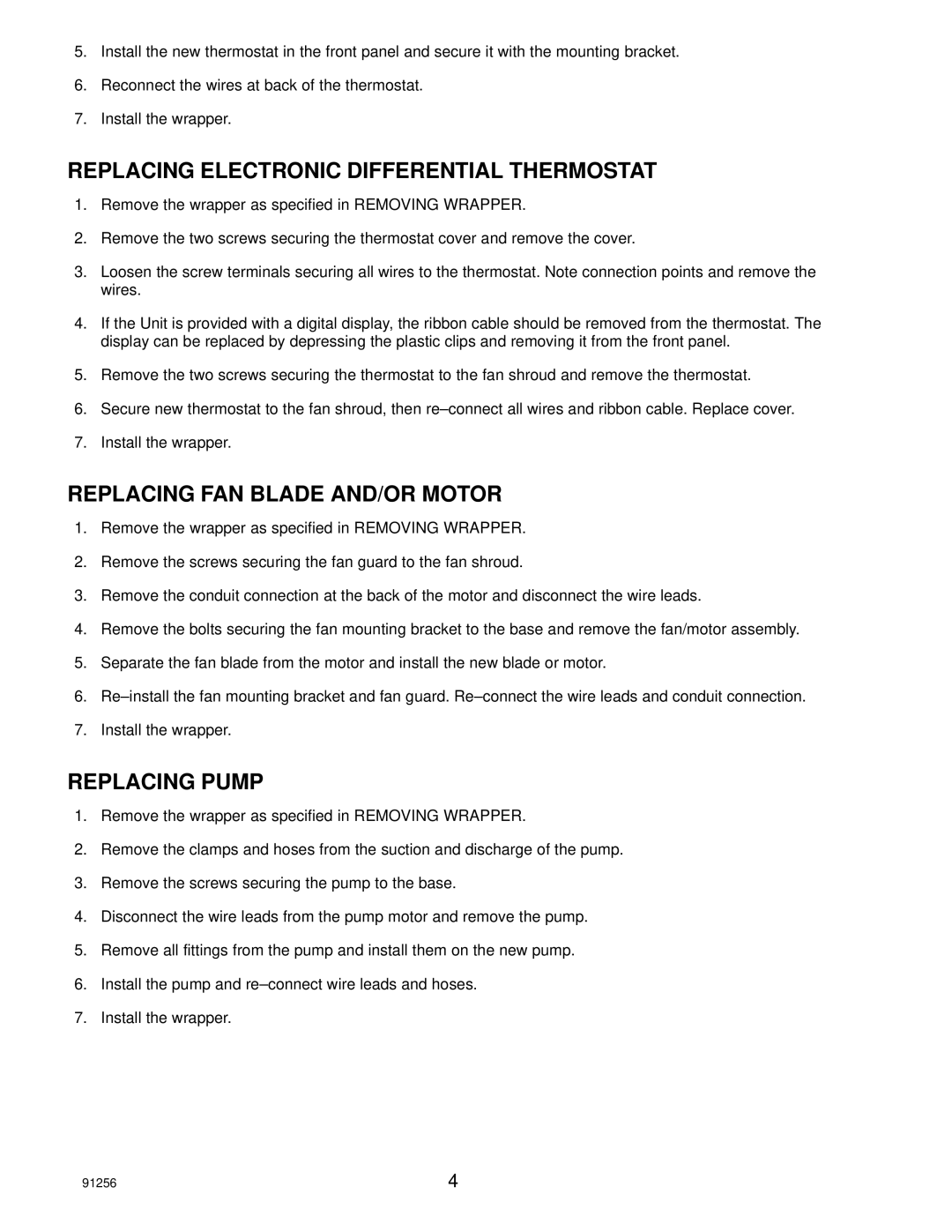 Cornelius CH750, CH751 manual Replacing Electronic Differential Thermostat, Replacing FAN Blade AND/OR Motor, Replacing Pump 