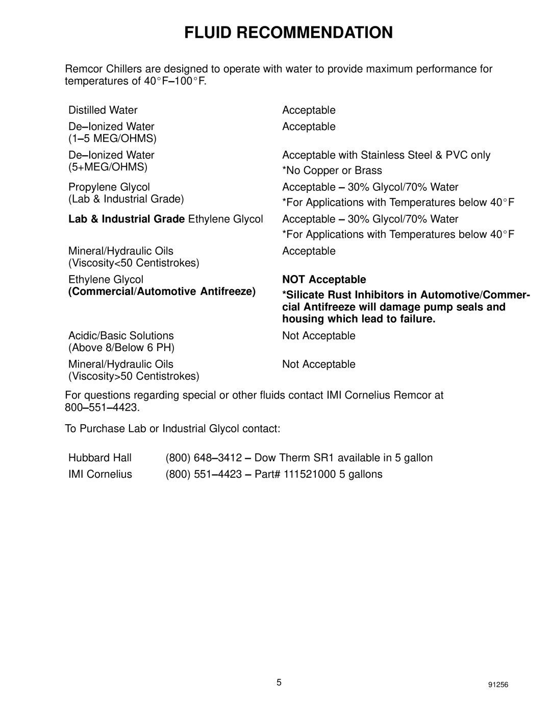 Cornelius CH751, CH750, CH951 manual Fluid Recommendation, Commercial/Automotive Antifreeze 