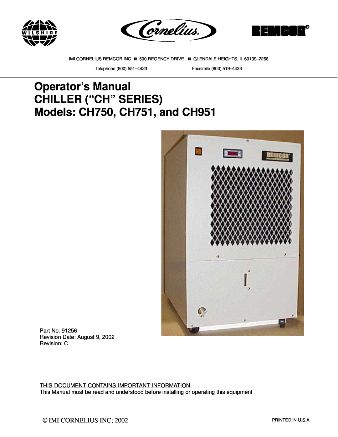 Cornelius manual Operator’s Manual CHILLER “CH” SERIES, Models CH750, CH751, and CH951, Imi Cornelius Inc 