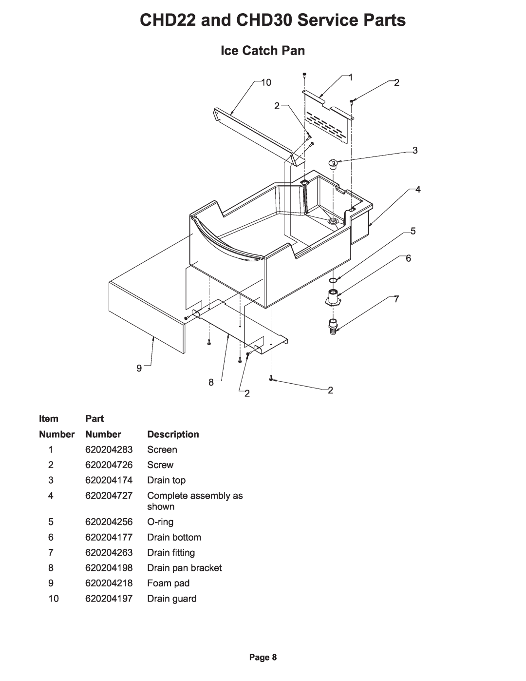 Cornelius manual CHD22 and CHD30 Service Parts, Ice Catch Pan, Item, Number 