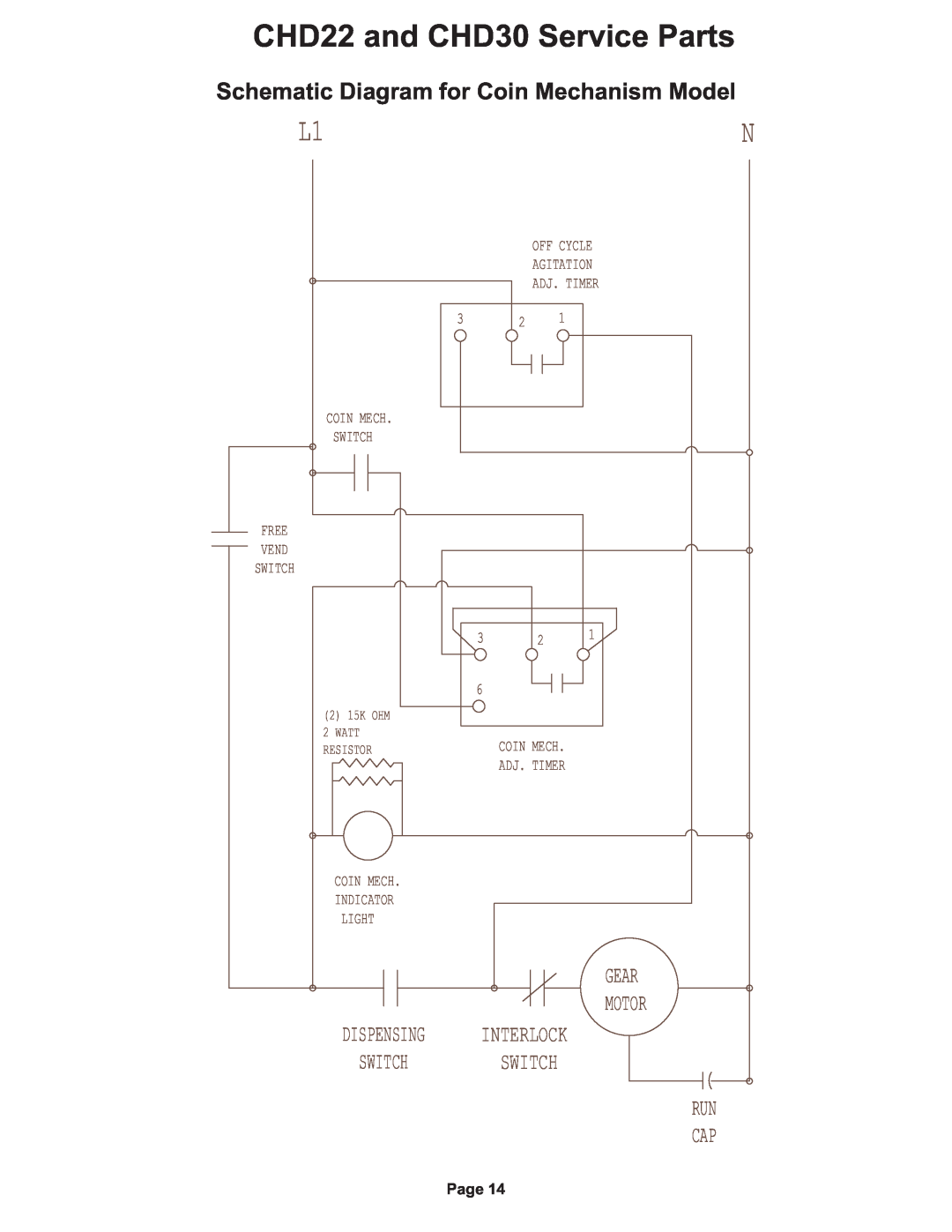 Cornelius CHD22 and CHD30 Service Parts, Schematic Diagram for Coin Mechanism Model, Switch, Run Cap, Dispensing, Light 