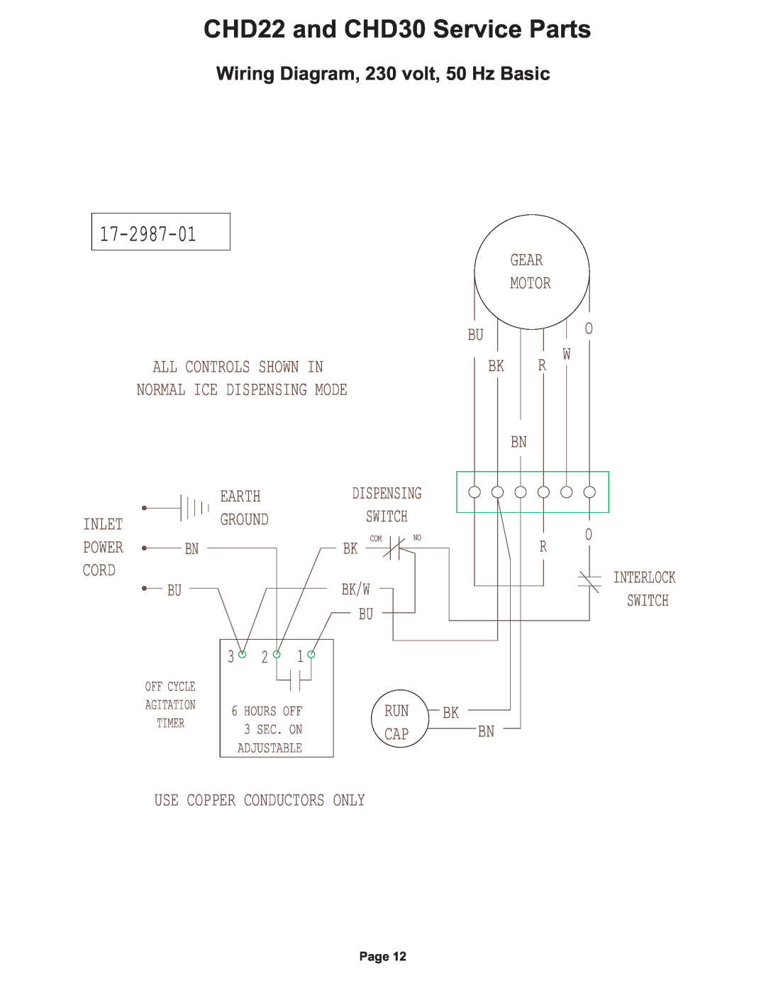 Cornelius manual 17-2987-01, CHD22 and CHD30 Service Parts, Wiring Diagram, 230 volt, 50 Hz Basic 