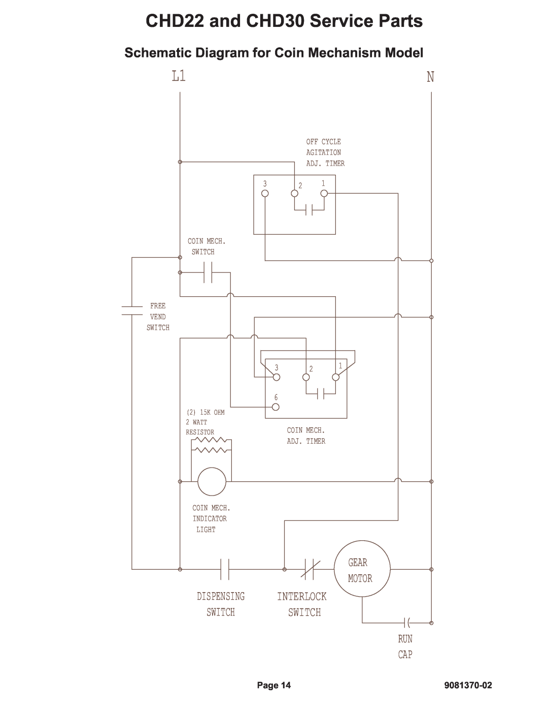 Cornelius CHD22 and CHD30 Service Parts, Schematic Diagram for Coin Mechanism Model, Switch, Run Cap, Dispensing, Light 