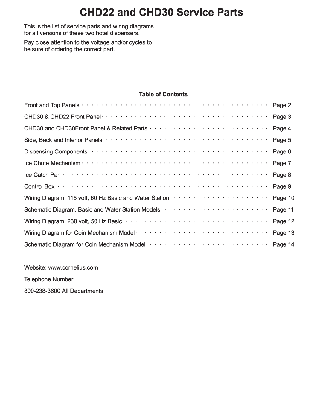 Cornelius manual CHD22 and CHD30 Service Parts, Table of Contents 