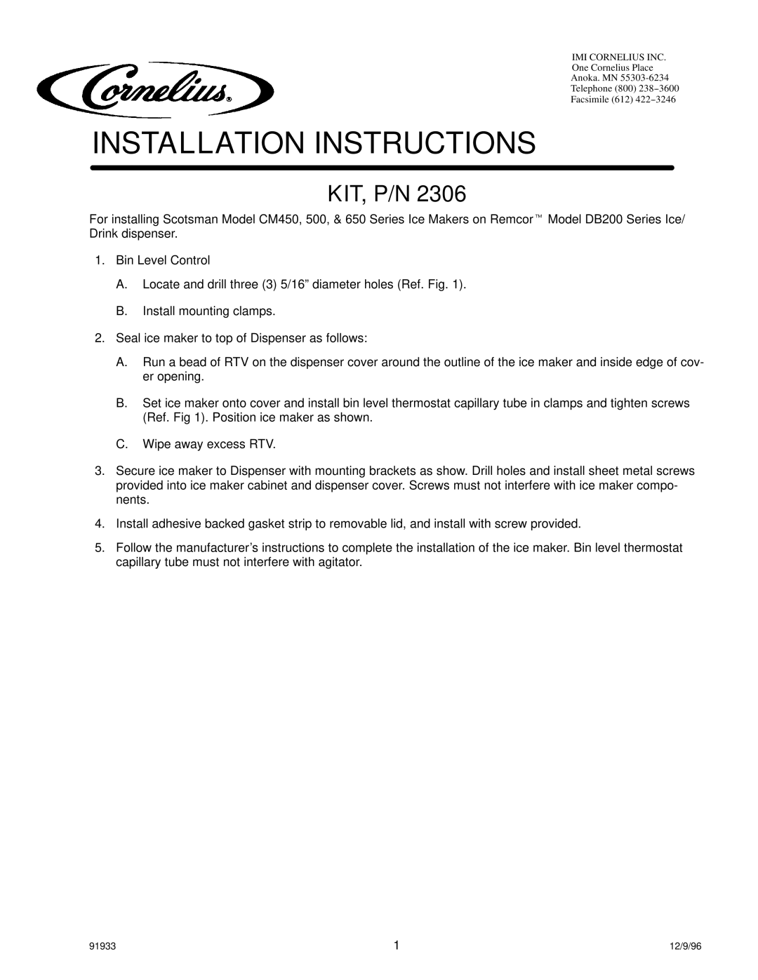 Cornelius DB200, CM450, CM650, CM500 installation instructions Installation Instructions, Kit, P/N 