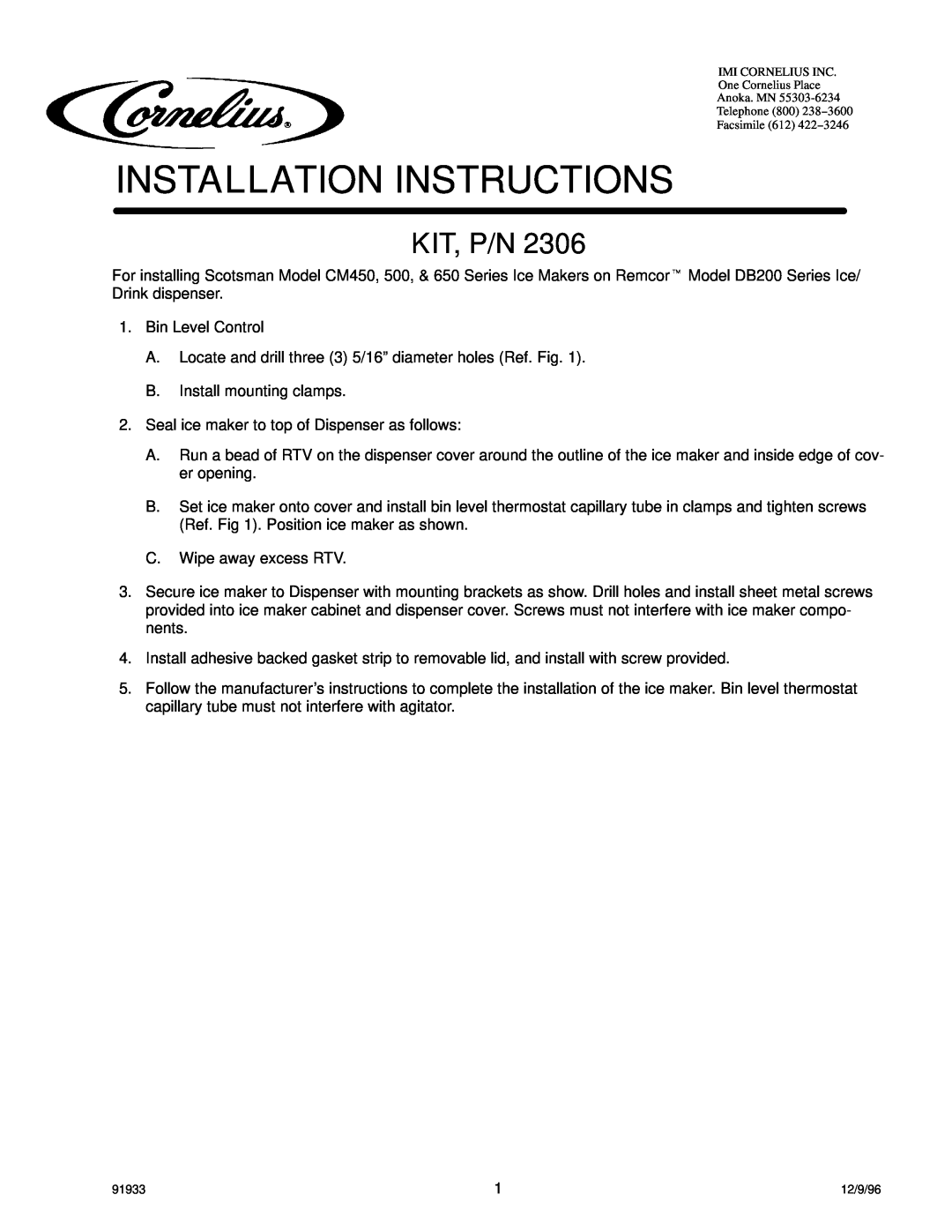 Cornelius DB200, CM450, CM650, CM500 installation instructions Installation Instructions, Kit, P/N 