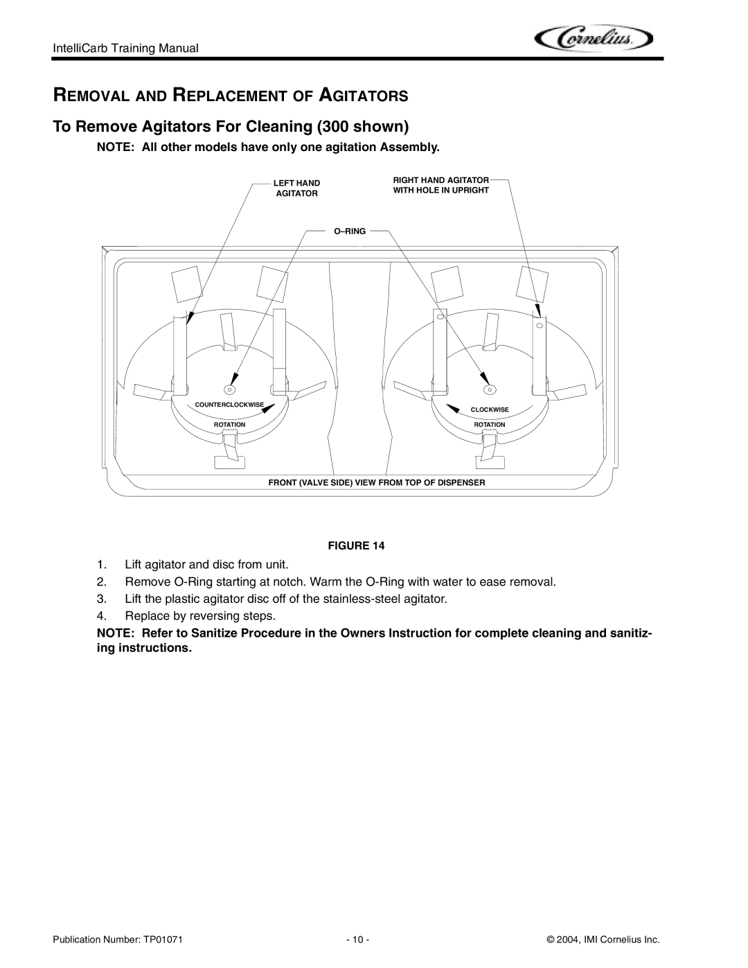 Cornelius Cold Beverage Dispenser manual To Remove Agitators For Cleaning 300 shown, Removal and Replacement of Agitators 