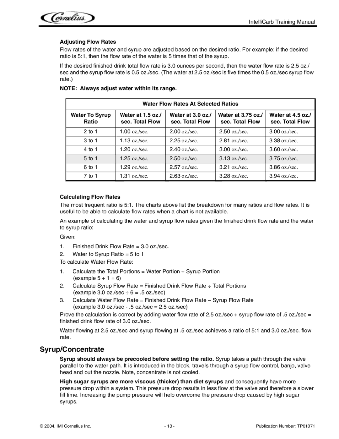 Cornelius Cold Beverage Dispenser manual Syrup/Concentrate, Adjusting Flow Rates, Calculating Flow Rates 