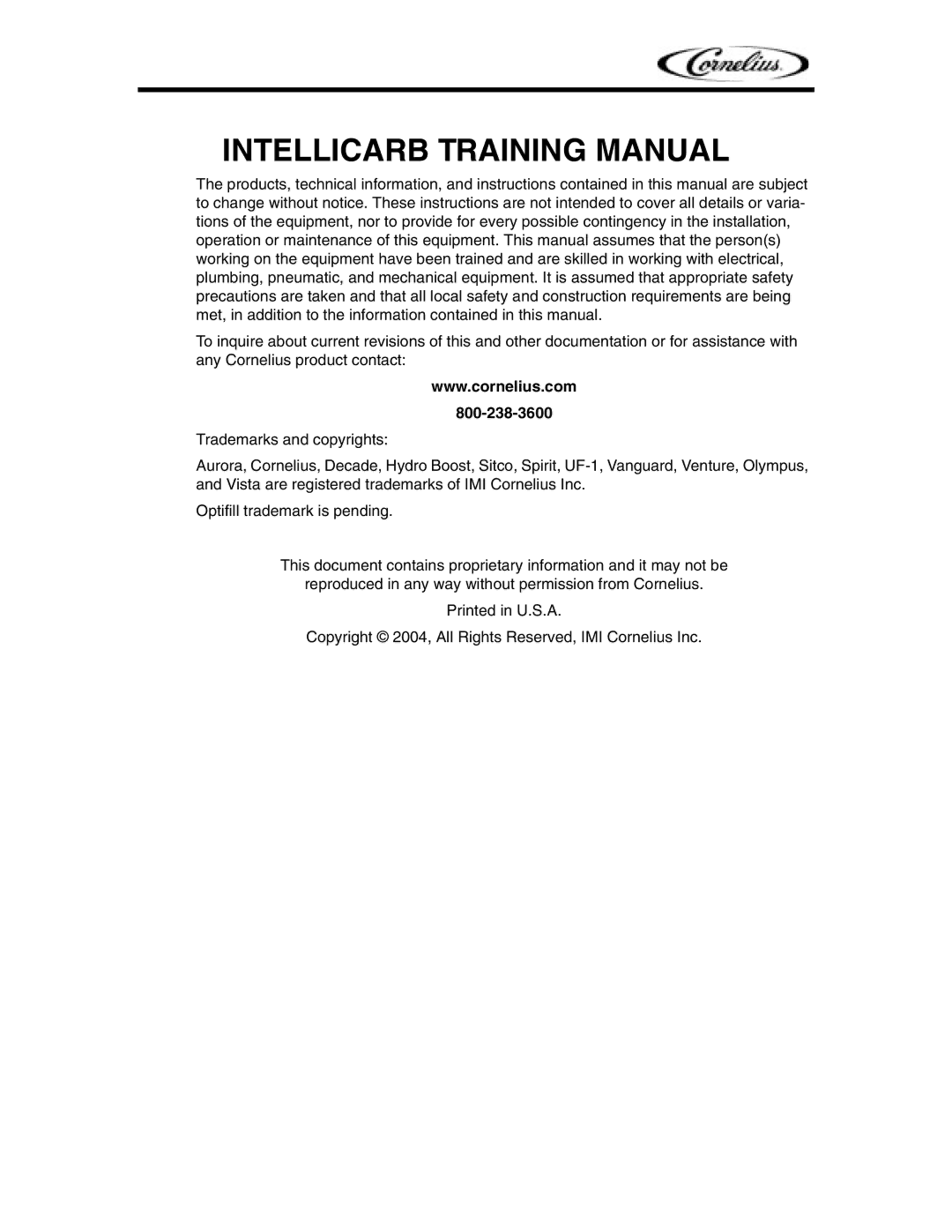 Cornelius Cold Beverage Dispenser manual Intellicarb Training Manual 