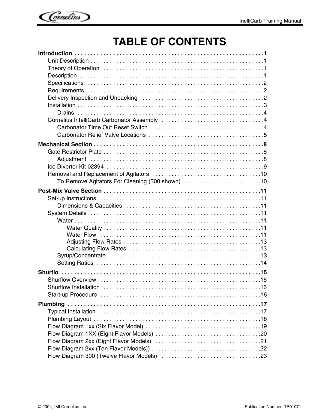 Cornelius Cold Beverage Dispenser manual Table of Contents 