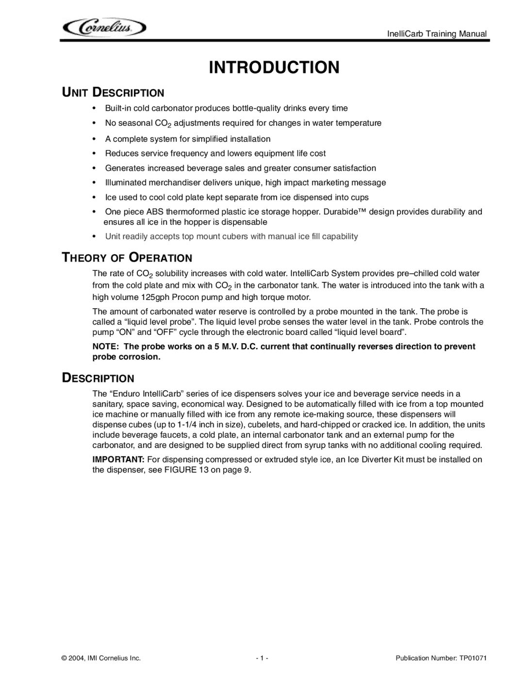 Cornelius Cold Beverage Dispenser manual Introduction, Unit Description, Theory of Operation 